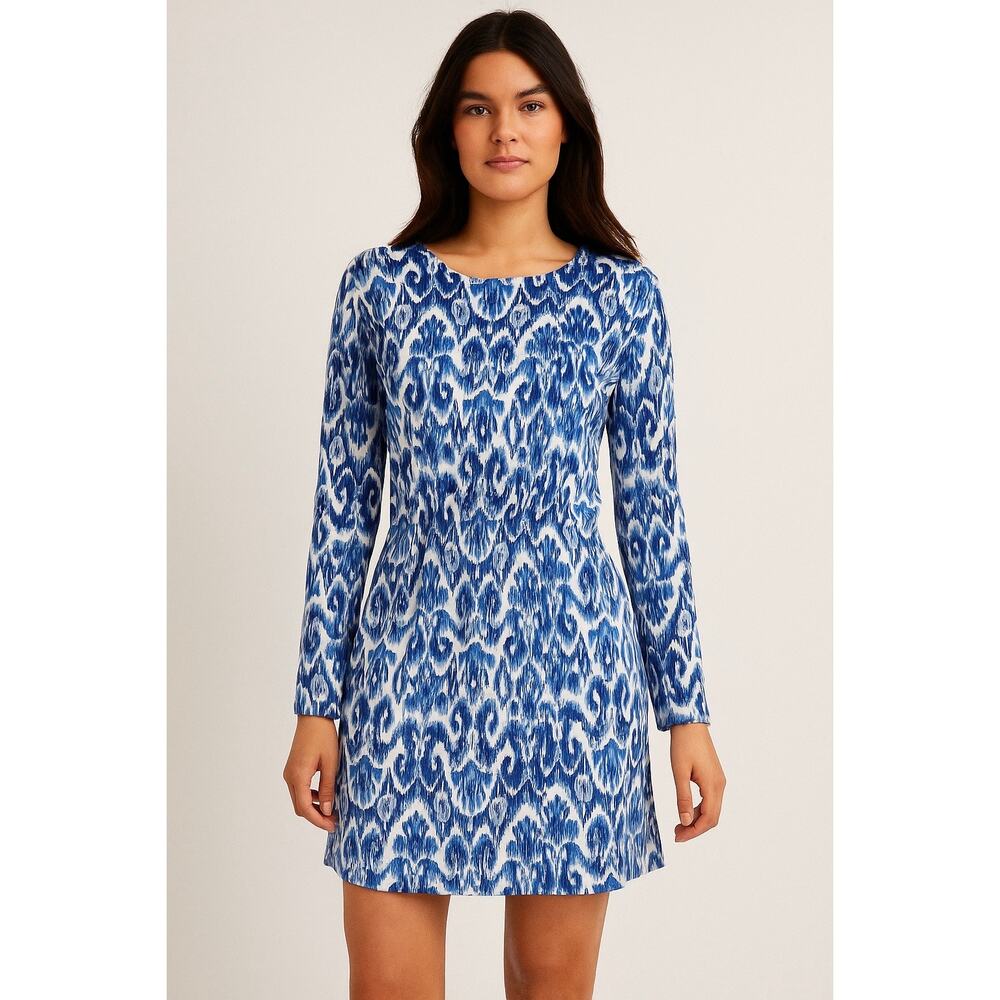 Coolibar Blue Geometric Print Jersey Dress Medium Long Sleeve UPF 50+ Beach Pool